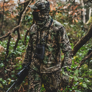 Jæger i camouflage jagttøj i skov med kikkert